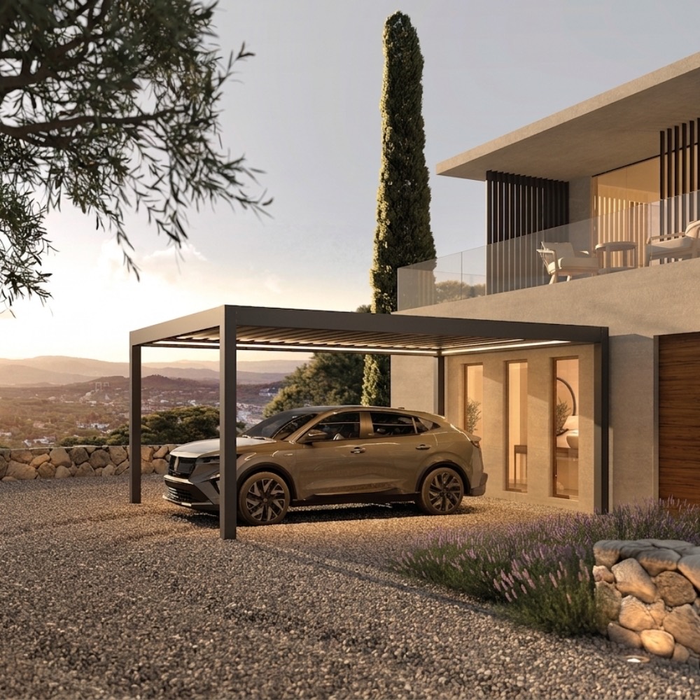 Carport en aluminium abritant une voiture devant une maison contemporaine